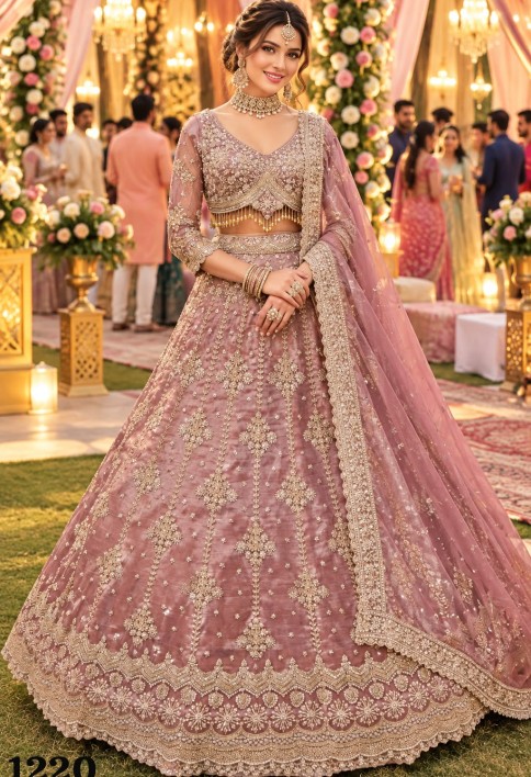 Pink Fancy Fabric Beads, Embroidered and Zari Work Readymade Lehenga Choli